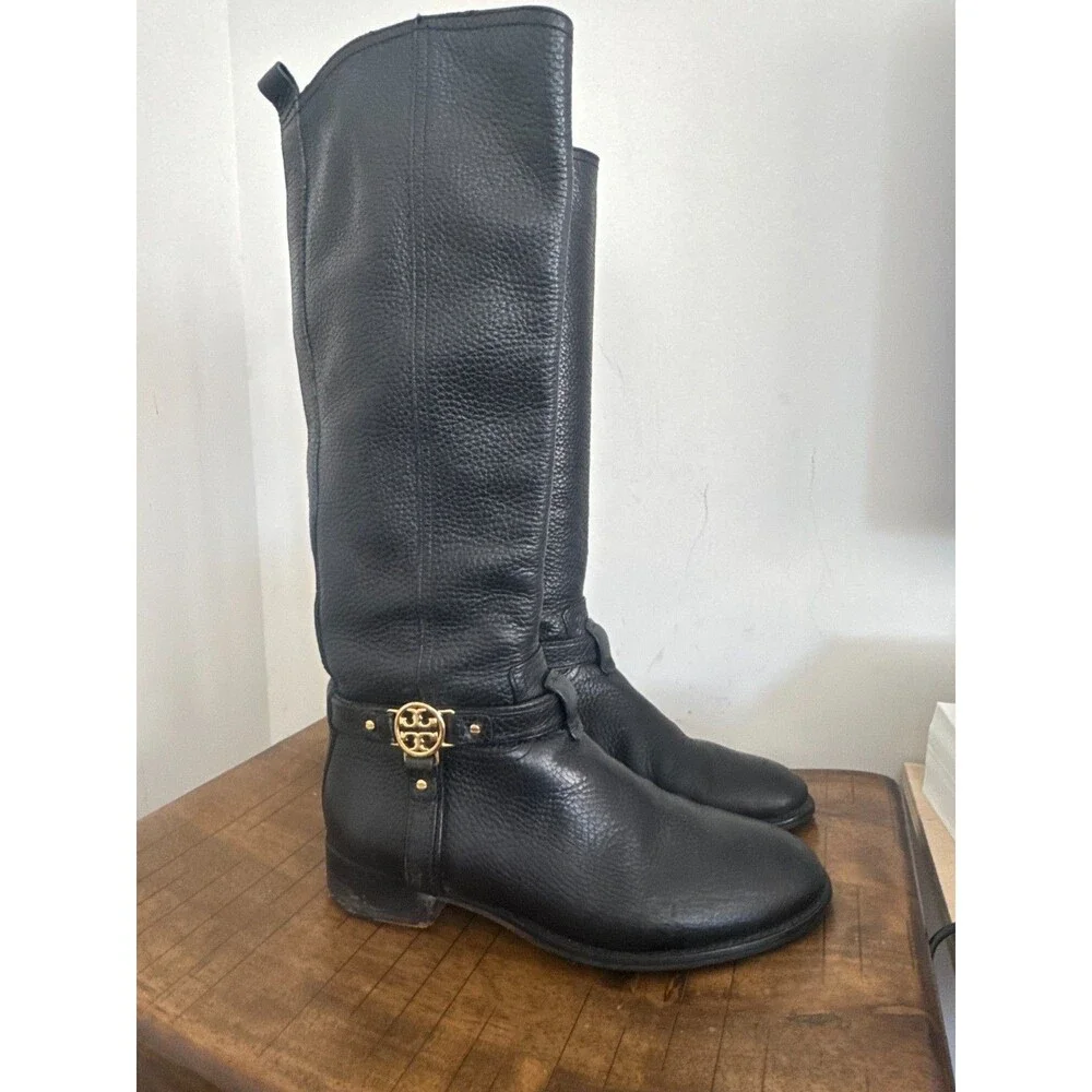 Tory Burch Women's Black Leather Knee High Riding Boots Gold Logo Size 8.5 M